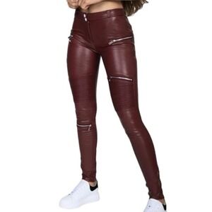 NWT Hugz Jeans Wine Soft Vegan Faux Leather Biker Mid Waist Sz 4